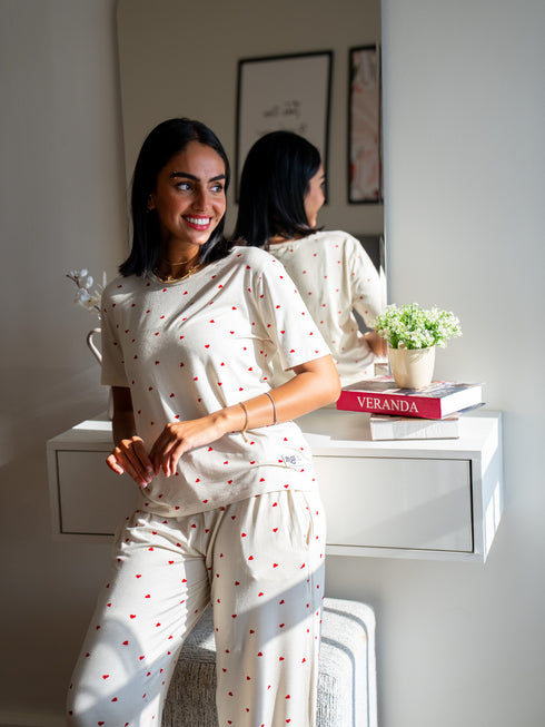 Women summer pajama set Red Hearts T-shirt + Pants